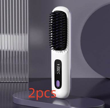 2-in-1 Wireless Hair Straightener & Curler Brush – USB Rechargeable Fast-Heating Styling Tool
