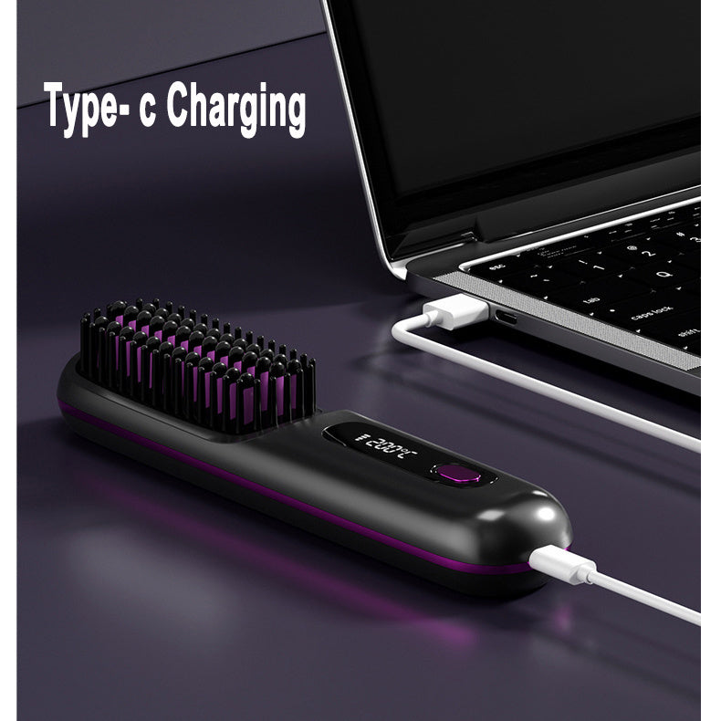 2-in-1 Wireless Hair Straightener & Curler Brush – USB Rechargeable Fast-Heating Styling Tool
