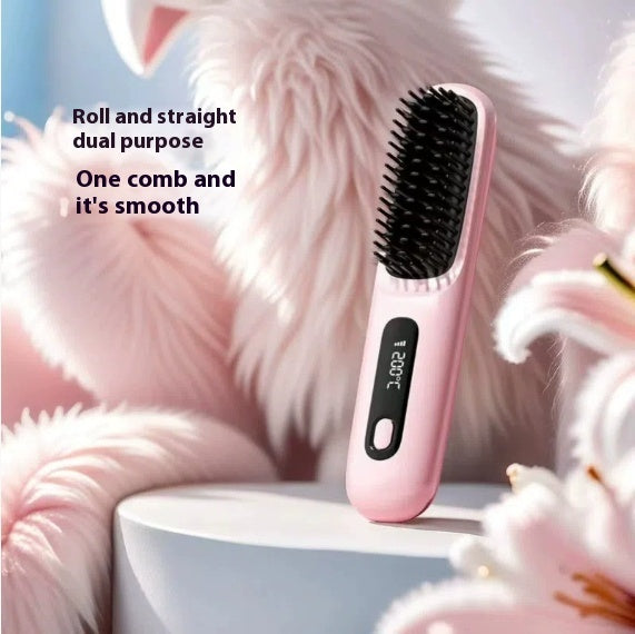 2-in-1 Wireless Hair Straightener & Curler Brush – USB Rechargeable Fast-Heating Styling Tool