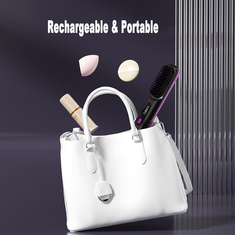 2-in-1 Wireless Hair Straightener & Curler Brush – USB Rechargeable Fast-Heating Styling Tool