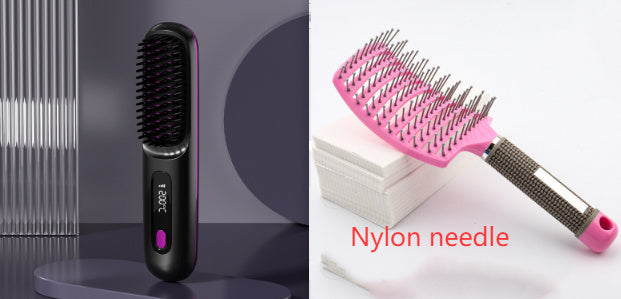 2-in-1 Wireless Hair Straightener & Curler Brush – USB Rechargeable Fast-Heating Styling Tool