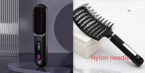 2-in-1 Wireless Hair Straightener & Curler Brush – USB Rechargeable Fast-Heating Styling Tool
