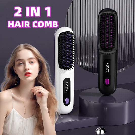 2-in-1 Wireless Hair Straightener & Curler Brush – USB Rechargeable Fast-Heating Styling Tool