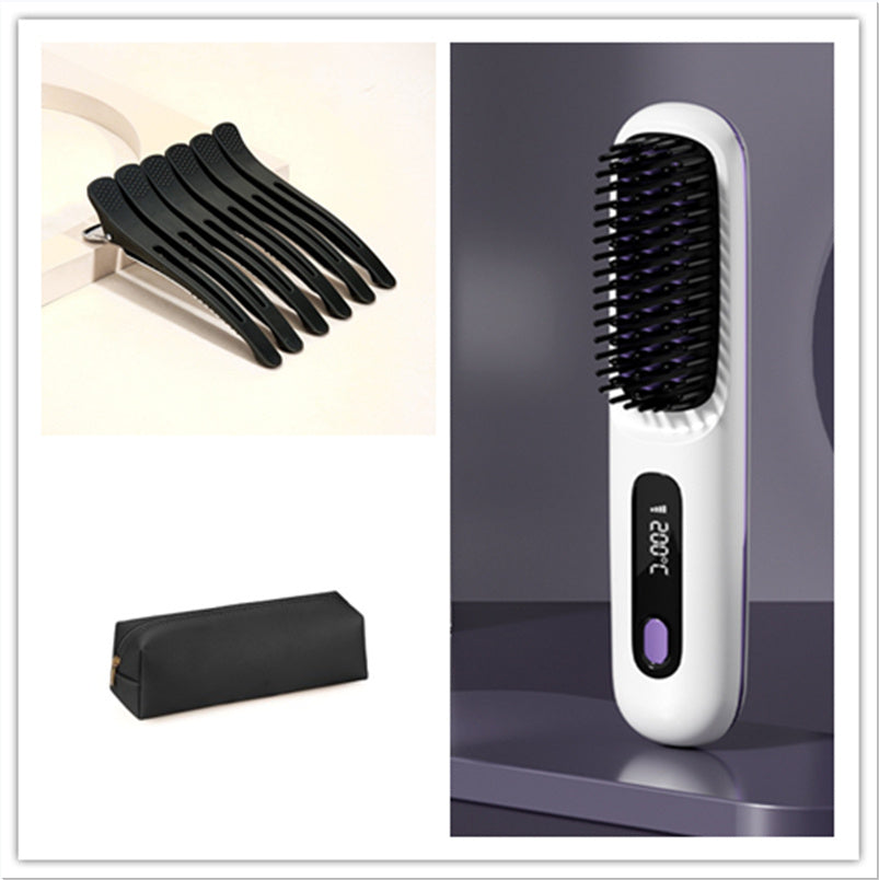 2-in-1 Wireless Hair Straightener & Curler Brush – USB Rechargeable Fast-Heating Styling Tool