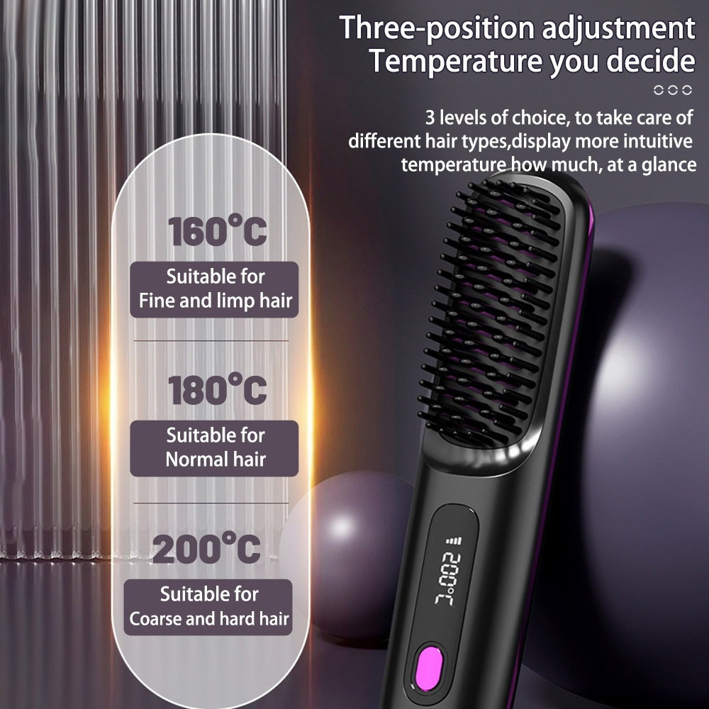 2-in-1 Wireless Hair Straightener & Curler Brush – USB Rechargeable Fast-Heating Styling Tool