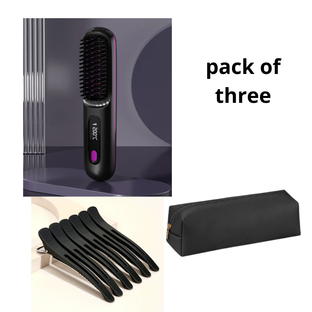 2-in-1 Wireless Hair Straightener & Curler Brush – USB Rechargeable Fast-Heating Styling Tool