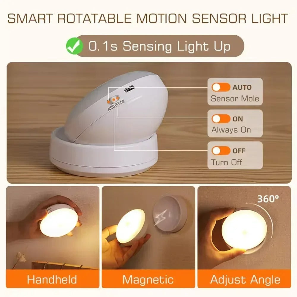 LED Night Lamp – Wireless, Magnetic & Motion Activated - 360° Rotating Motion Sensor
