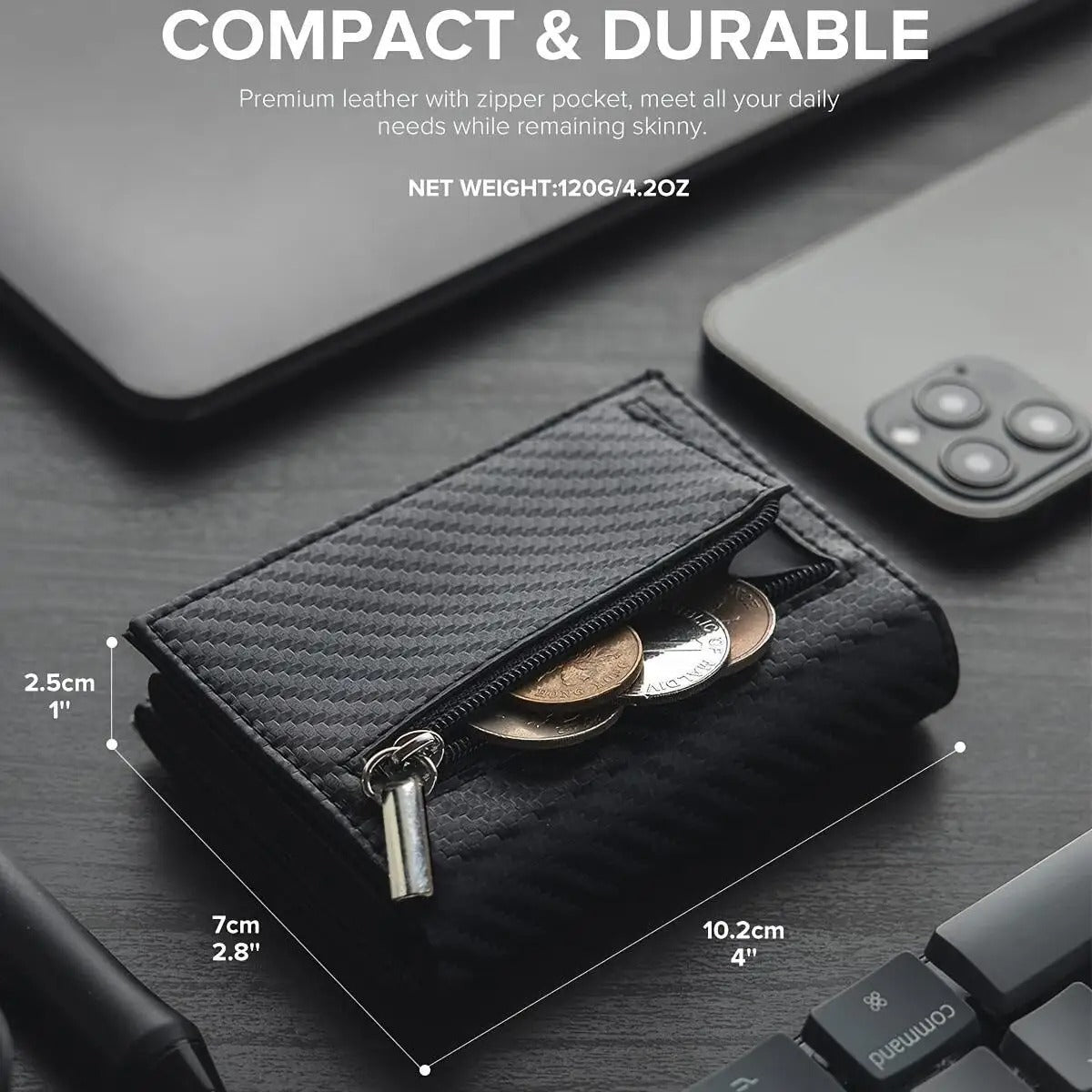 Carbon Fiber Slim Wallet with Coin Pocket & AirTag