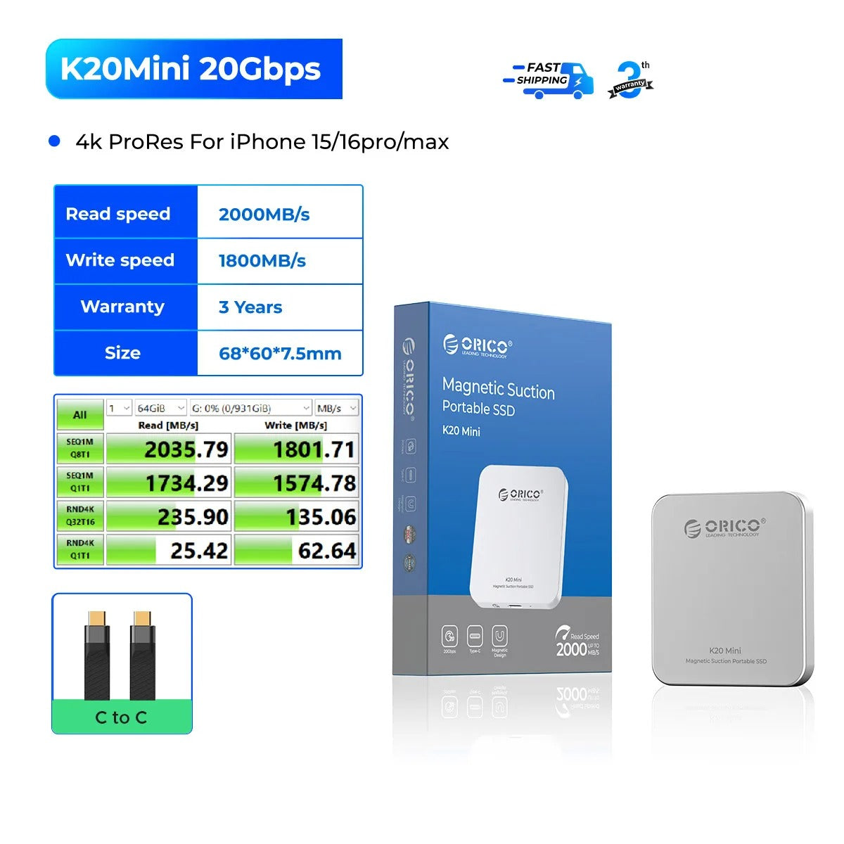 ORICO High-Speed Magnetic SSD – External Storage for iPhone Pro/Max